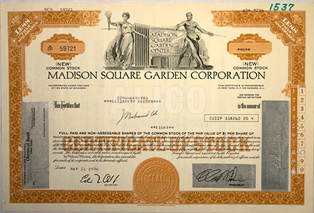 Madison Square Garden Corporate Stock Certificate
