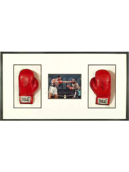 Muhammad Ali / Joe Frazier Shadowbox with Autographed Gloves and Manila Fight Photo
