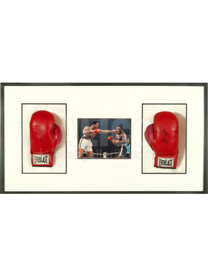 Muhammad Ali / Joe Frazier Shadowbox with Autographed Gloves and Manila Fight Photo
